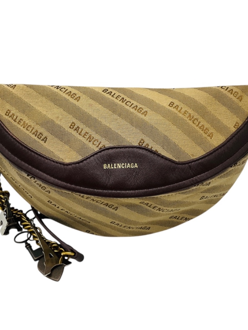 BALENCIAGA BROWN CANVAS JACQUARD AND LEATHER DIAGONAL ALLOVER LOGO XS SOUVENIR B